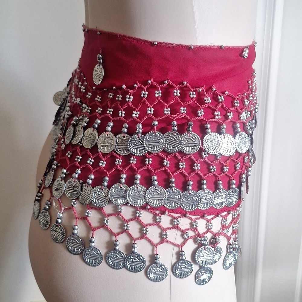 Chiffon 128 Silver Coins Belly Dance Costume Hip Skirt Scarf Wrap Belt And DVD - Picture 4 of 11